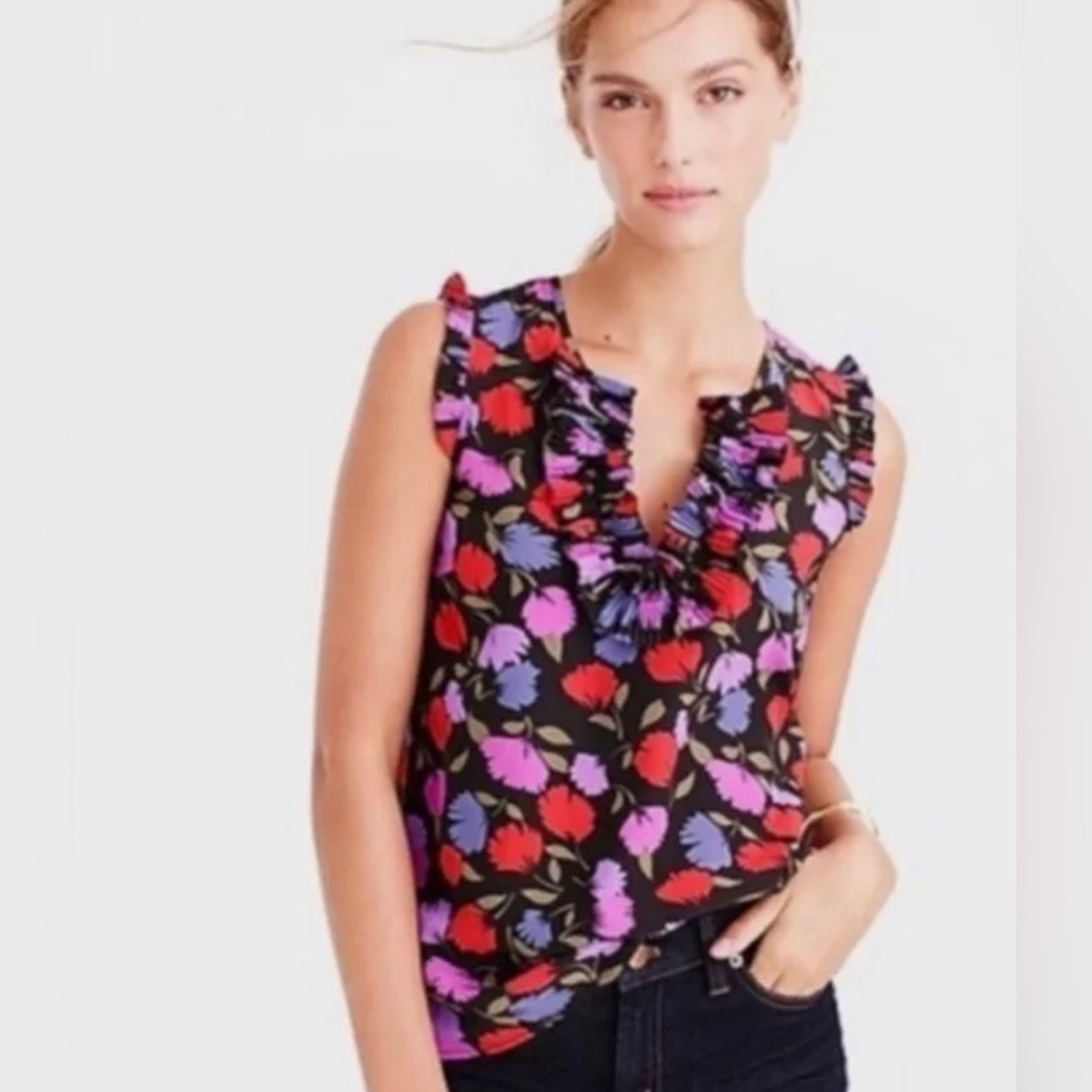 J. Crew Painted Pansy Floral Ruffle Blouse, 100% Silk, Barely Worn!